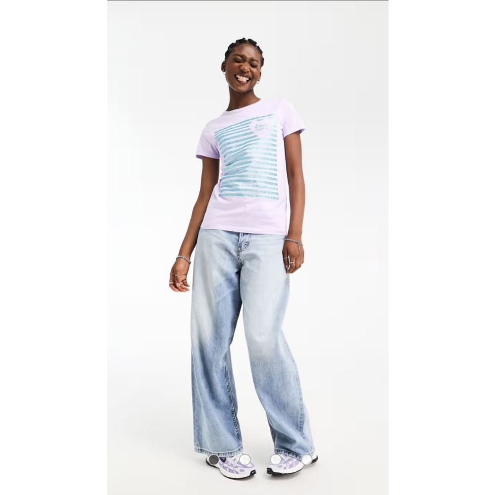 Love Moschino Teal Foil Stripe Logo T-Shirt White Size 2 | Designer Graphic Tee